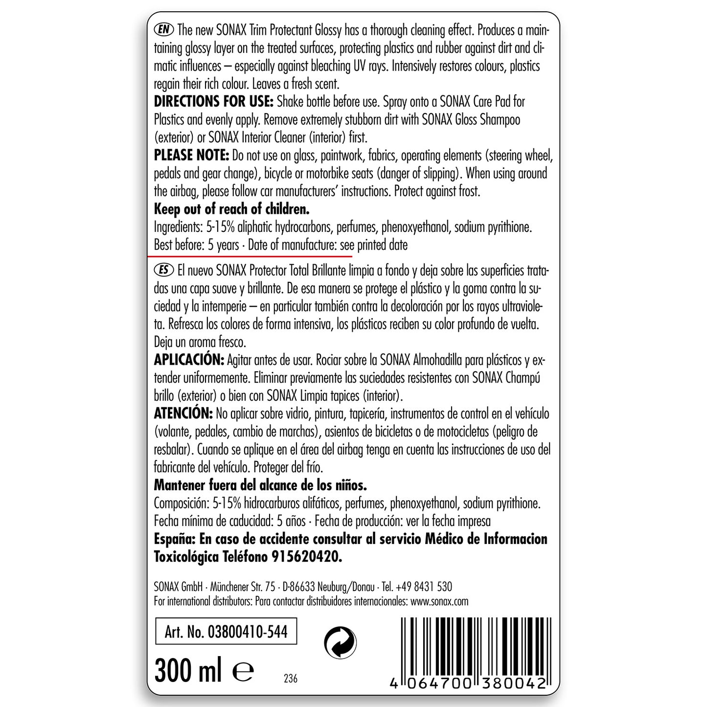 SONAX Trim & Plastic Protectant Glossy-Finish 300ml